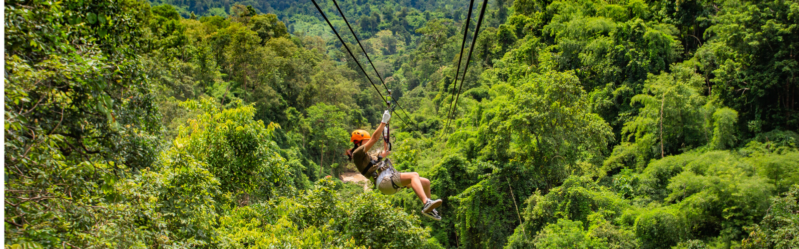 A student is ziplining over the lush rainforest in Costa Rica. They are facing away from the camera.